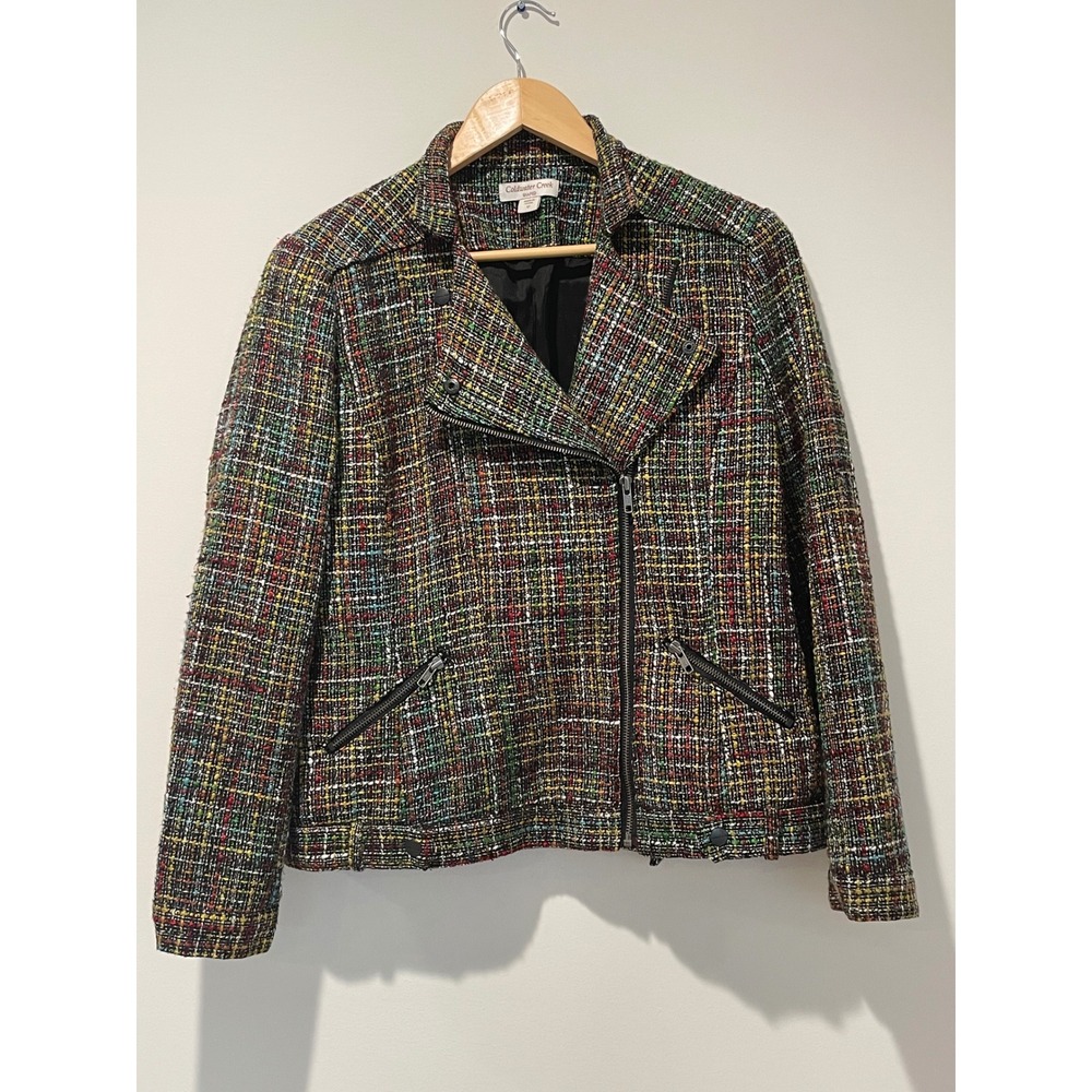 Coldwater Creek Multicolor Tweed Moto Jacket Blazer Womens Size 12